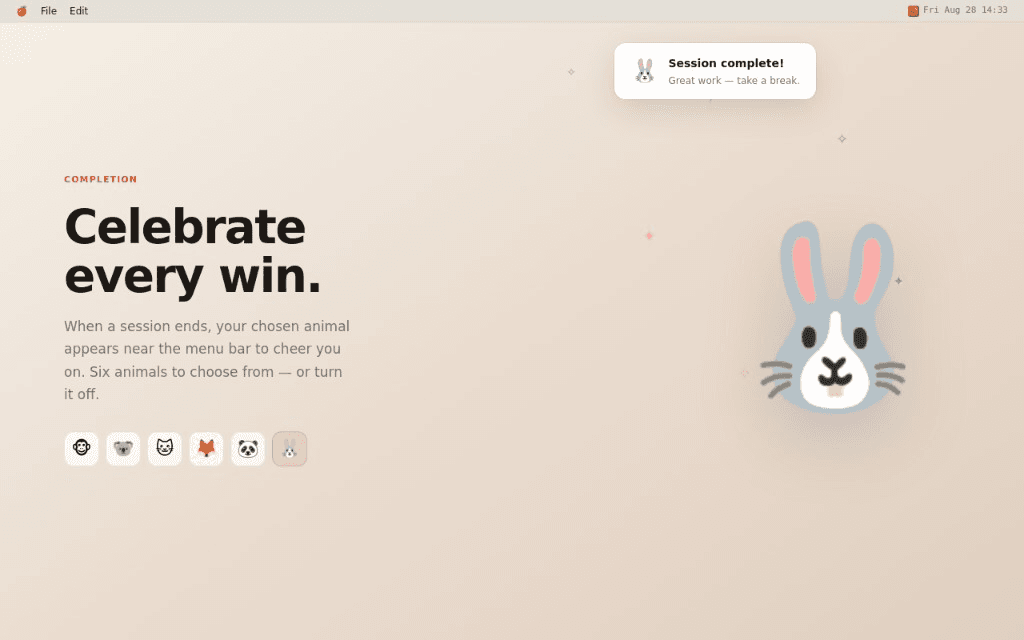 Pomodoro: Work & Study Timer seans tamamlandığında tavşan kutlama animasyonu