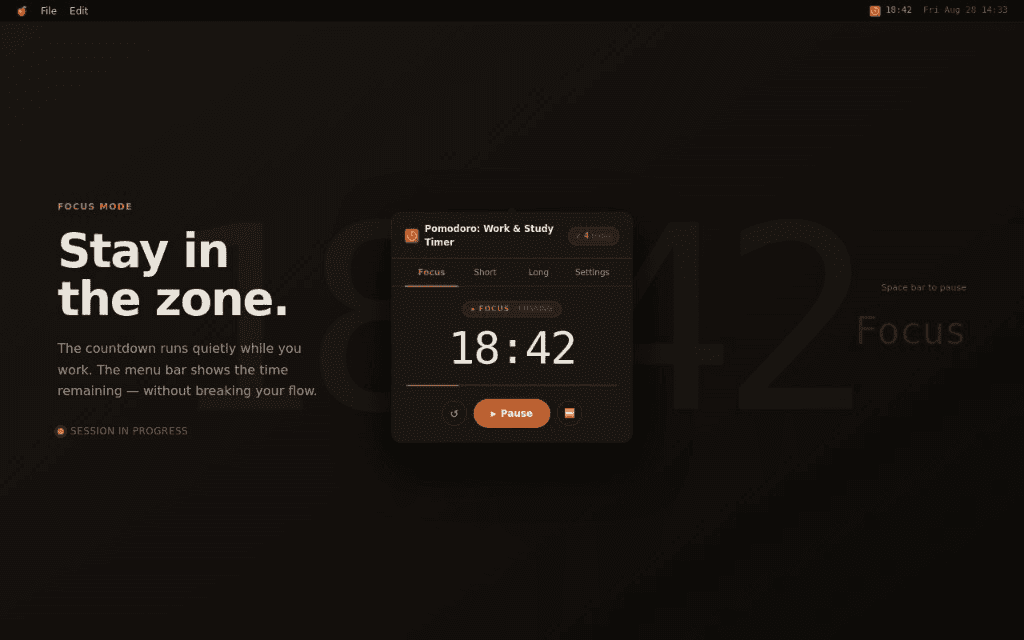 Pomodoro: Work & Study Timer odak seansı; duraklatma kontrolleri ve menü çubuğu geri sayımı