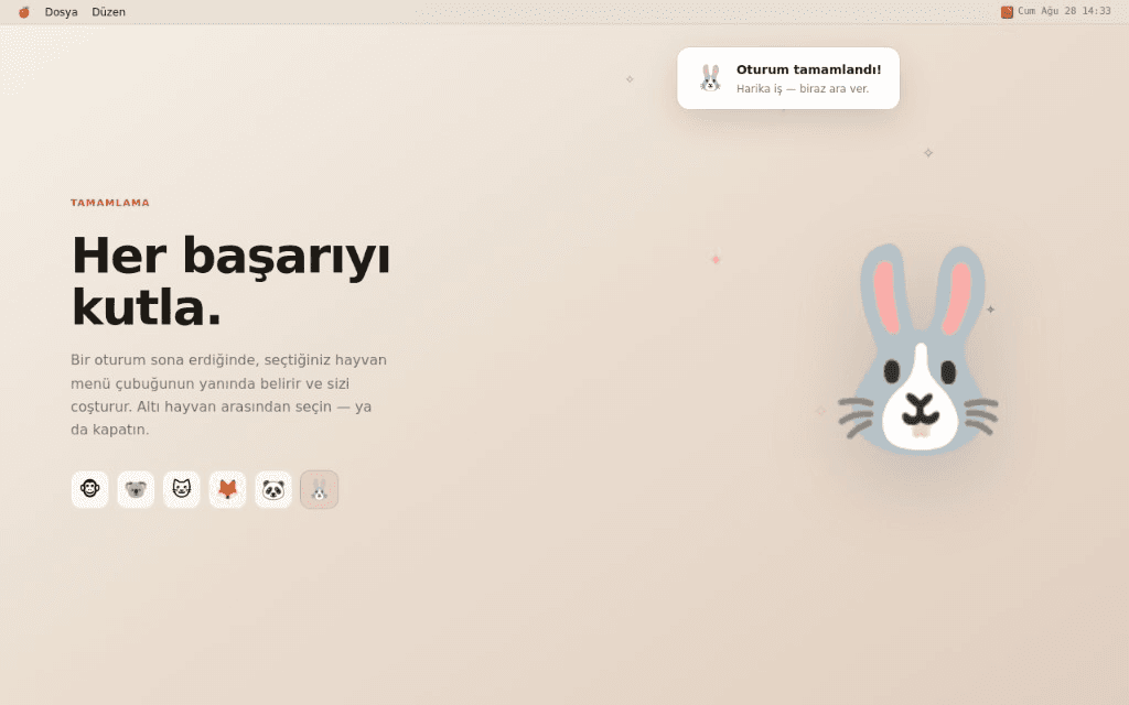 Pomodoro: Work & Study Timer seans tamamlandığında tavşan kutlama animasyonu