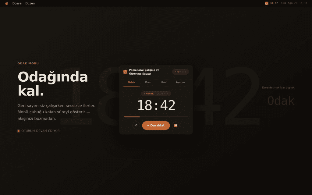 Pomodoro: Work & Study Timer odak seansı; duraklatma kontrolleri ve menü çubuğu geri sayımı