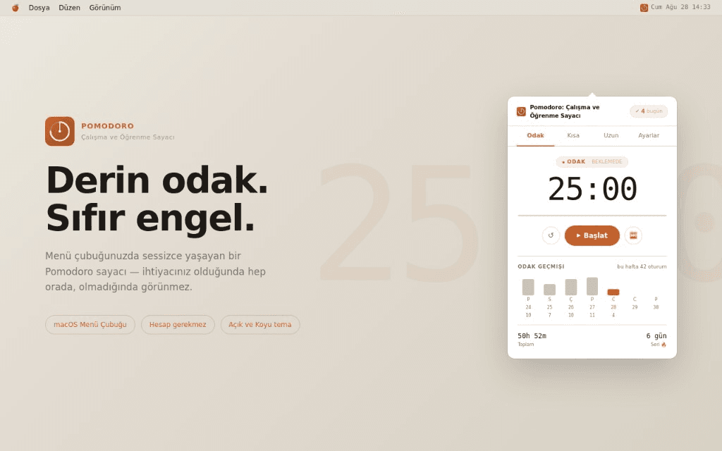 Pomodoro: Work & Study Timer Türkçe odak zamanlayıcısı ve haftalık geçmiş görünümü