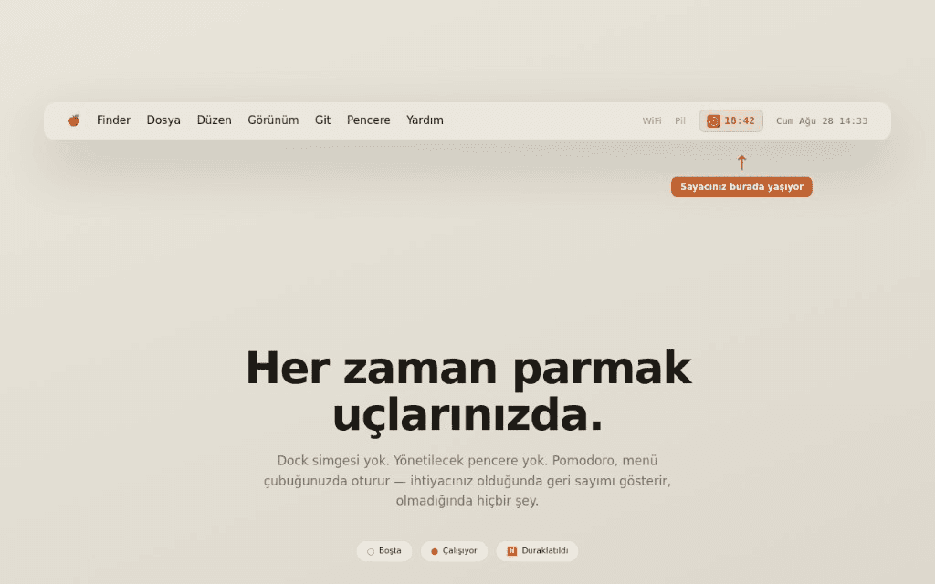 Pomodoro: Work & Study Timer geri sayımının macOS menü çubuğunda görünümü