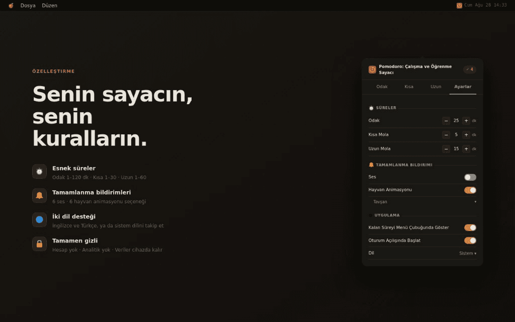 Pomodoro: Work & Study Timer süre, tamamlanma uyarıları, dil ve oturum açılışında başlatma ayarları