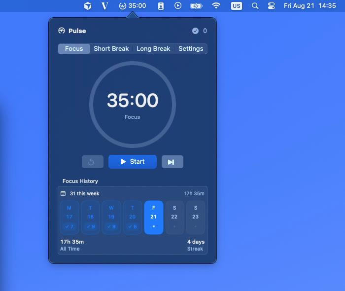 Pulse Pomodoro focus timer and weekly focus history in the macOS menu bar