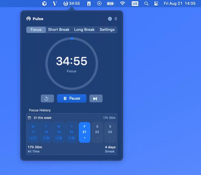 Pulse Pomodoro focus session counting down in the menu bar