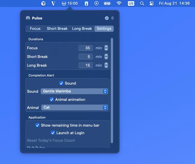 Pulse settings for durations, completion sounds, animal animations, and launch at login